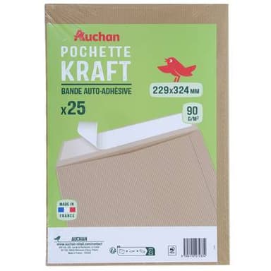 Auchan 25 enveloppes kraft auto-adhésives, Dimensions 229 x 324 mm