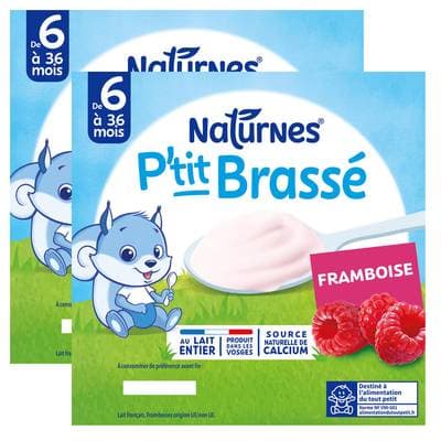 Naturnes® - P'tit Brassé Dessert Lacté Framboise Coupelle Bébé Dès 6 mois, Lot de 2 - 4x100g