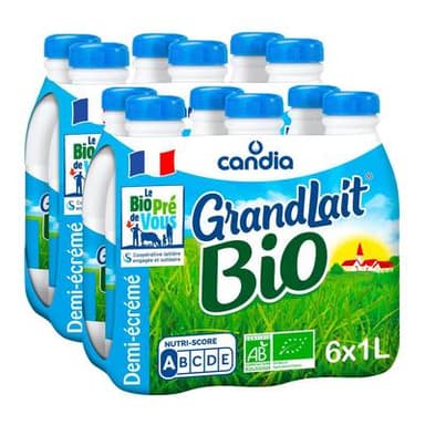 Candia Lait Bio Demi-écrémé, Lot de 2 - 6x1L