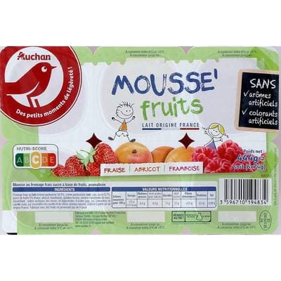 Auchan Mousse de fromage frais aux fruits, 6x74g