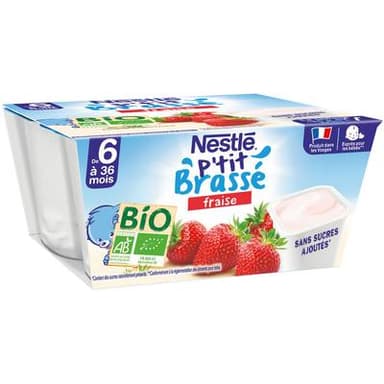 Nestlé - P'tit Brassé Dessert Lacté Fraise Bio Coupelle Bébé Dès 6 mois, 4x90g