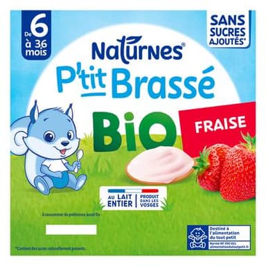 Naturnes® - P'tit Brassé Dessert Lacté Fraise Bio Coupelle Bébé Dès 6 mois, 4x90g