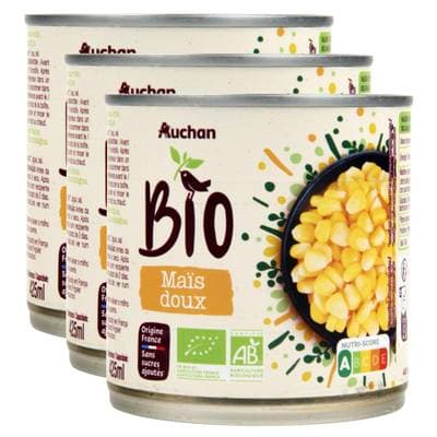 Auchan BIO Mais doux en grains sans sucres ajoutés Bio, Lot de 3x285g