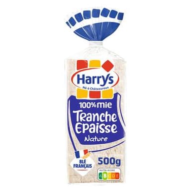 Harrys Pain de Mie Nature Tranches Epaisses 100% Mie, Sans Croûte, 15 tranches - 500g