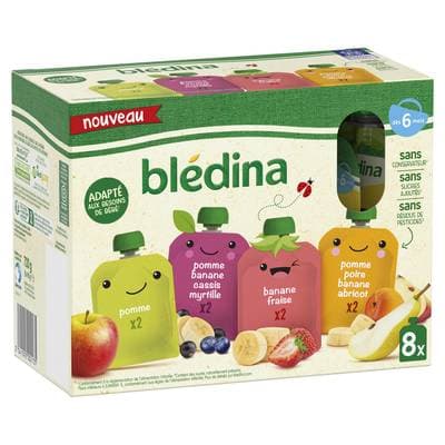 Blédina Multi-Variété - Pomme, Cassis, Myrtille, Abricot, Fraise, Poire, Banane Gourdes Bébé dès 6 mois, 8x90g