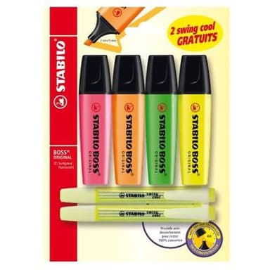 Stabilo 6 Surligneurs- 4 Boss orginal couleurs assorties + 2 Swing Cool jaune, 4 surligneurs Boss + 2 Swing cool jaune