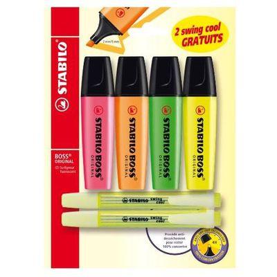 4006381412735 - Stabilo - 6 Surligneurs- 4 Boss orginal couleurs assorties + 2 Swing Cool jaune