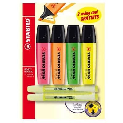 Stabilo 6 Surligneurs- 4 Boss orginal couleurs assorties + 2 Swing Cool jaune, 4 surligneurs Boss + 2 Swing cool jaune