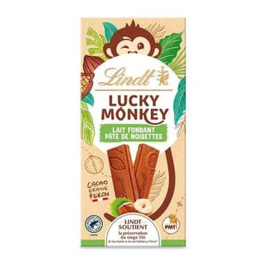 Lindt Tablette de Chocolat au Lait fondant et Noisette Lucky Monkey, 100g