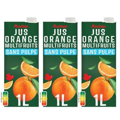 Auchan Jus d'orange multifruits à base de concentrés sans sucres ajoutés, Lot de 3x1L