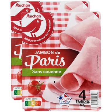 Auchan Jambon de Paris Sans Couenne, Lot de 2 - 4 tranches soit 140g