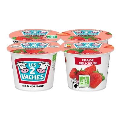 Les 2 Vaches Yaourt brassé Bio fraise, 4x115g
