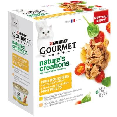 Purina - Gourmet Nature's Creation Boites Mini Bouchées Coffret de Volaille 2 Variétés pour chat, 8x85g