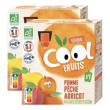 Vitabio - Cool Fruits Pomme, Pêche, Abricot, Acérola BIO- Purée de Fruits en gourde, Lot de 2x4x90g