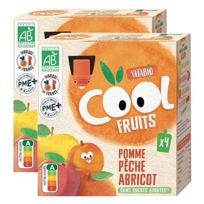Vitabio - Cool Fruits Pomme, Pêche, Abricot Bio- Purée de Fruits en gourde, Lot de 2 - 4x90g