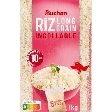 Auchan Riz long grain incollable sachets cuisson prêt en 10 min, 5x200g