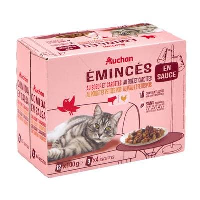 Auchan Sachets émincés en sauce viandes et légumes pour chat et chat stérilisé, 12x100g