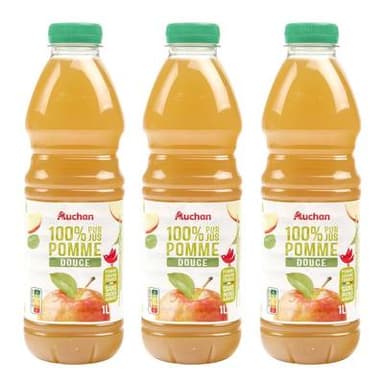 Auchan Pur jus de pomme douce sans sucres ajoutés, Lot de 3x1L