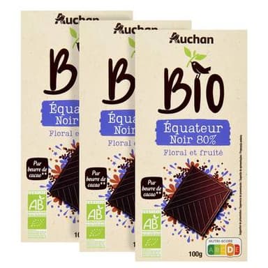 Auchan BIO Tablette de chocolat noir 80% cacao Equateur Bio, Lot de 3x100g