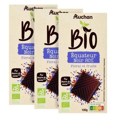 Auchan BIO Tablette de chocolat noir 80% cacao Equateur Bio, Lot de 3x100g