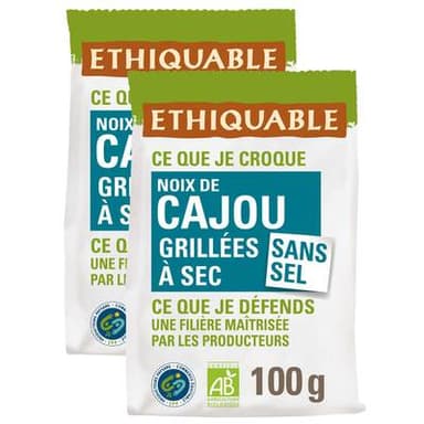 Ethiquable - Commerce Equitable Noix de cajou grillées sans sel Bio Burkina Faso Inde Salvador, Lot de 2x100g