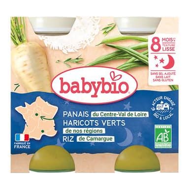 Babybio Panais, Haricots Verts, Riz de Camargue Bio Pot Bébé Dès 8 mois, 2x200g