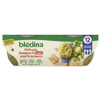 Blédina Petit Pois, Boulgour et Poulet Bols Bébé Dès 12 mois, 2x200g