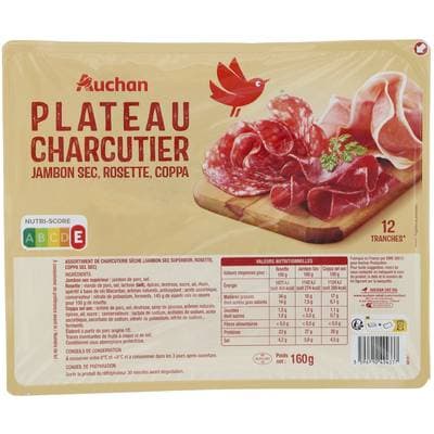 Auchan Plateau de Charcuterie Jambon Sec Rosette Coppa, 12 tranches - 160g