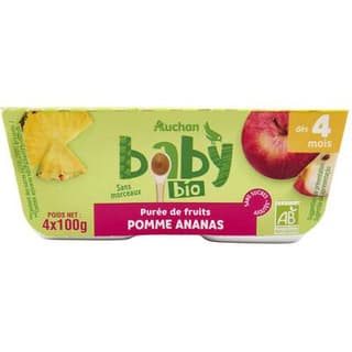Auchan Baby Bio Dessert Pomme Ananas Bio Coupelles Bébé dès 4 mois, 4x100g