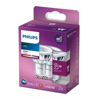 Philips 2 Ampoules GU10 LED Spot Blanc Chaud 3,5W, GU10 35W