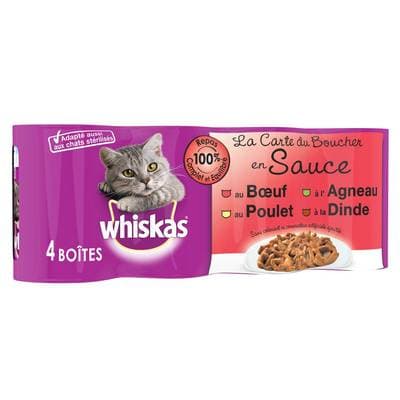 Whiskas Boites en Sauce Carte du Boucher 4 variétés pour chat adulte, 4x400g