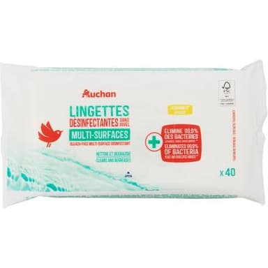 Auchan Lingettes désinfectantes sans javel, 40 lingettes