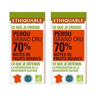Ethiquable - Commerce Equitable Chocolat Noir 70% cacao Bio du Pérou, Lot de 2x100g