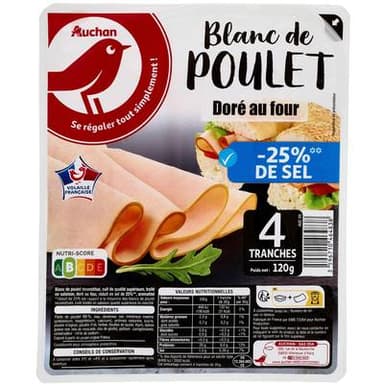 Auchan Blanc de Poulet Doré au Four Réduit en Sel, 4 tranches - 120g