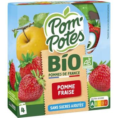 Materne Pom'Potes pomme fraise allégées en sucres bio, 4x90g
