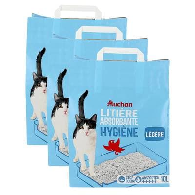 Auchan Litière absorbante légère pour chat, Lot de 3x10L