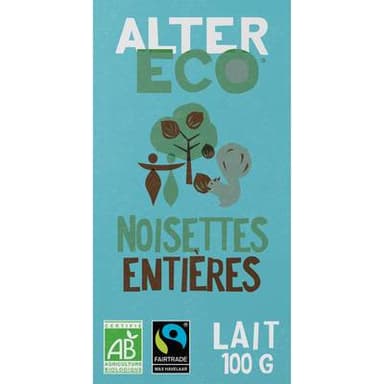 Alter Eco - Commerce Equitable Chocolat Lait et Noisettes entières 36% Cacao Bio d'Equateur ou Pérou, 100g