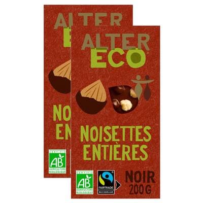Alter Eco - Commerce Equitable Chocolat noir noisettes entières 50% Cacao Bio du Pérou, Lot de 2x200g