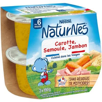 Nestlé - Naturnes Carotte semoule jambon Bol Bébé dès 6 mois, 2x190g