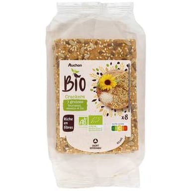 Auchan BIO Crackers 3 graines tournesol sésame et lin bio x8, 200g