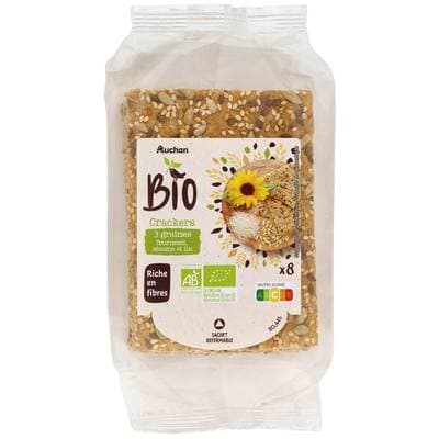 Auchan BIO Crackers 3 graines tournesol sésame et lin bio x8, 200g
