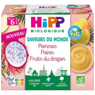 Hipp - Saveurs du Monde Pommes Poires Fruits du Dragon Bio Coupelle Bébé Dès 6 mois, 4x100g