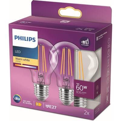 Philips 2 Ampoules E27 - 7W LED Blanc Chaud Claire, E27 60W