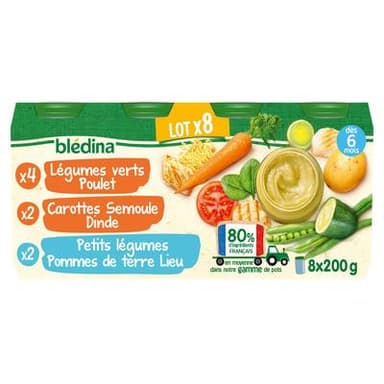 Blédina Légumes verts et poulet, Carottes semoule et dinde, et légumes pommes de terre lieu Pot Bébé Dès 6 mois, 8x200g