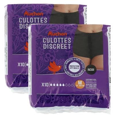 Auchan Culottes discreet incontinence noir taille M 70 - 100 cm, Lot de 2x10 culottes