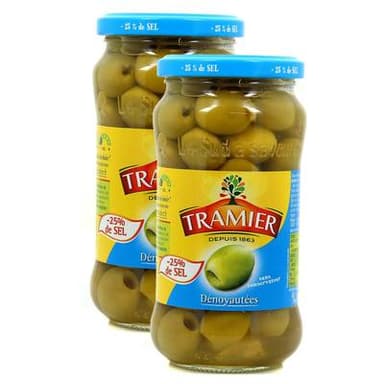Tramier Olives vertes dénoyautées -25% de sel en moins, Lot de 2x160g