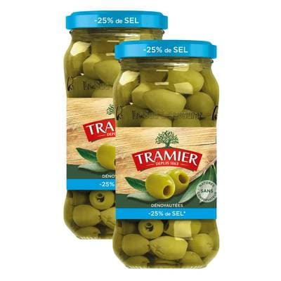 Tramier Olives vertes dénoyautées -25% de sel en moins en bocal, Lot de 2x160g