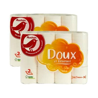 Auchan Papier toilette blanc doux et résistant 2 épaisseurs, Lot de 2x24 rouleaux