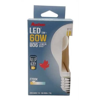 Auchan Ampoule E27 - 7,3W LED Classique Blanc Chaud transparent, E27   60W