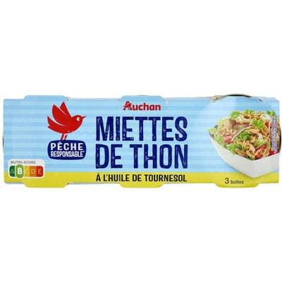 Auchan Miettes de Thon à  l'huile de tournesol, 3x80g